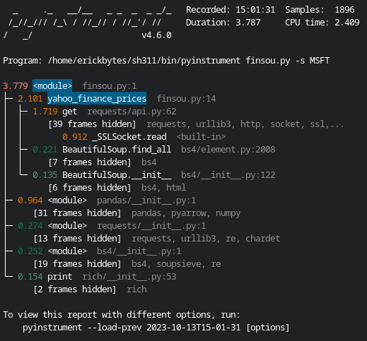 profiling a Python script with pyinstrument, before with MSFT