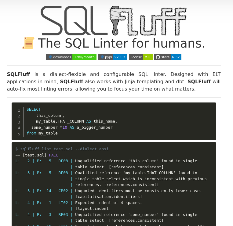 sqlfluff SQL linting CLI tool
