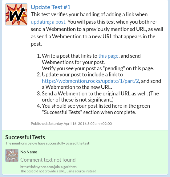 successful Webmentions Rocks! Webmention Update Test